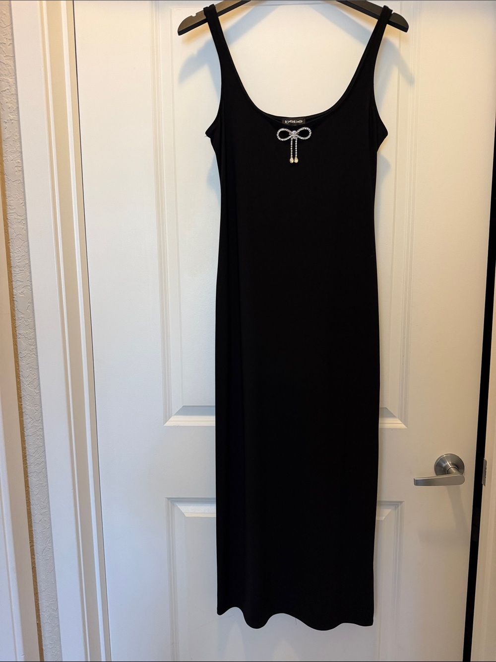 bebe Black Maxi Dress with Rhinestone Bow Accent